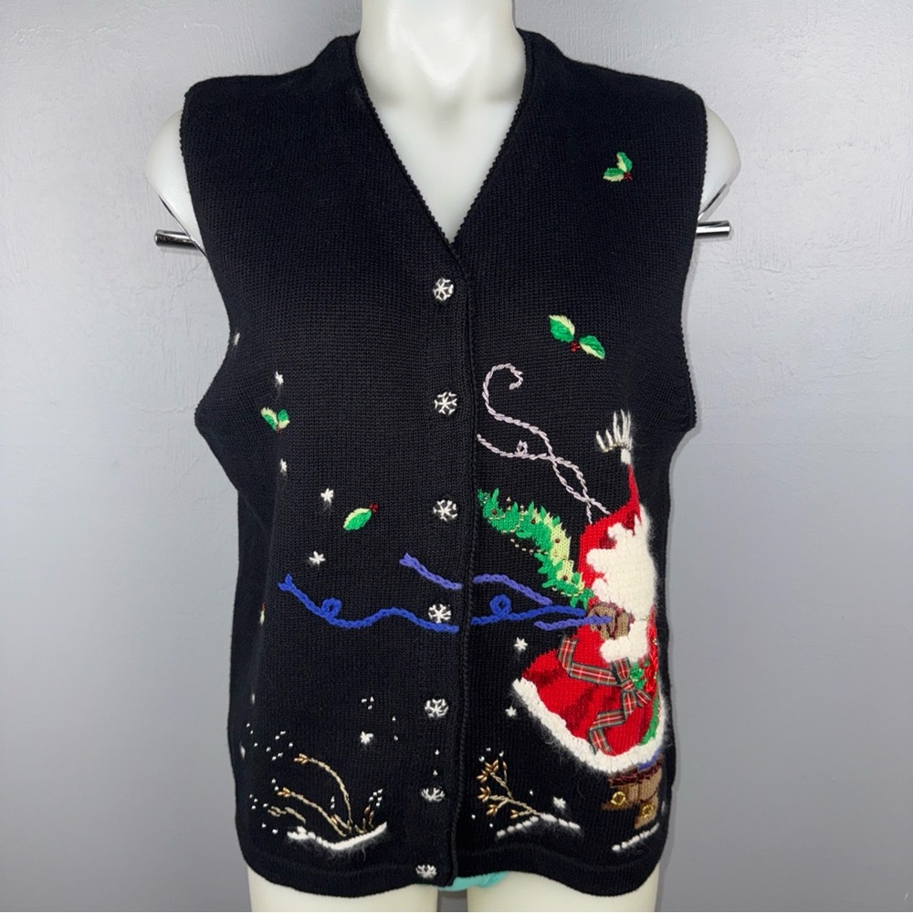 Susan Bristol Sweater Vest Women’s M Black Embroidered Santa Claus Christmas Vtg